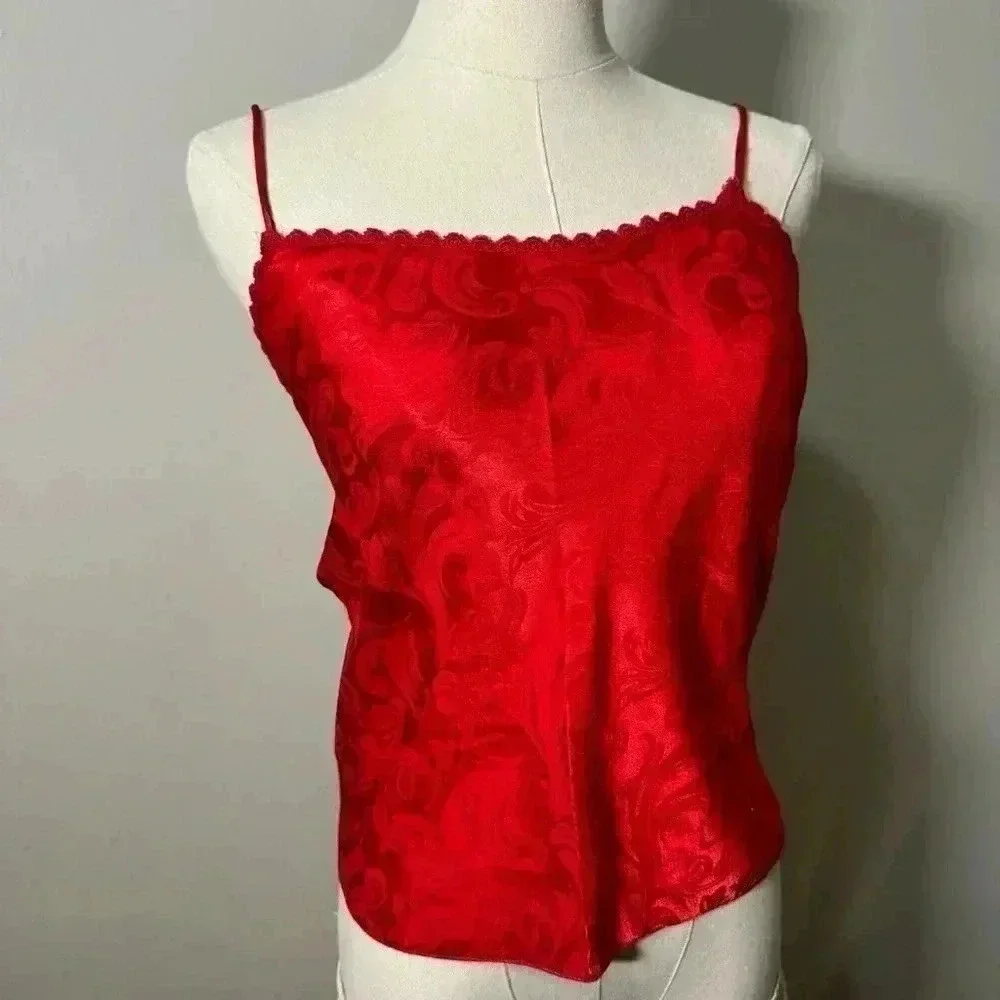 Vintage Red Nylon Paisley Cami – Coquette Y2K Slip Top Medium - Picture 4 of 5